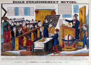 En skole med gensidig undervisning, der blev indført i Frankrig omkring 1815. Gravering fra det 19. århundrede Paris, Musee Carnavalet af French School