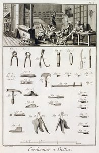 En sko- og støvlemager og deres værktøjer, fra Encyclopedie des Sciences et Metiers af Denis Diderot (1713-84) udgivet ca. 1770 af French School