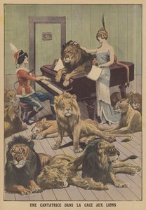 En sanger i en løvehule i Tyskland (farve litho) af French School