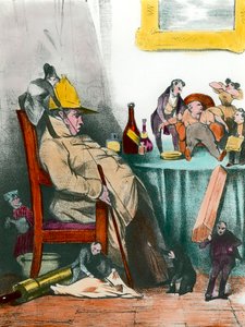 En siddende hypokonder tænker på sin næste død Illustration til værket "Le malade imaginaire"" af Jean Baptiste Poquelin dit Moliere (1622-1673) Privatsamling fra det 19. århundrede af French School