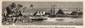 En sukkerfabrik i Paklat, på armen af Menam, Thailands hovedflod, tegnet af Sabatier, for at illustrere Henri Mouhots rejse til kongerigerne Siam, Cambodja og Laos fra 1858 til 1861. Indgravering i "" Le tour du monde" ”, redigeret af Edouard Charto af French School