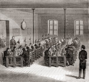 En telegrafstation i Paris, Frankrig ca. 1870, fra Les Merveilles de la Science, udgivet ca. 1870 (gravering) af French School