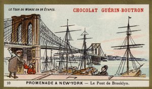 En gåtur i New York - Brooklyn Bridge (chromolitho) af French School