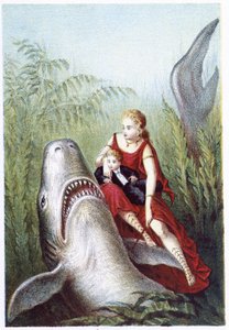 En kvinde og en dreng rider på en haj - i "" Rejse til havets bund"" af H. de la Blanchère. Paris, red. Jouvet et Cie, sd. 1880. (dobbelt 02943) af French School