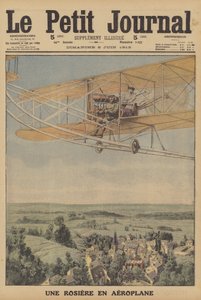 En ung kvinde, der flyver i et fly i Montferrand, Frankrig (farve litho) af French School