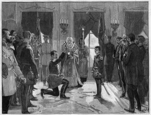 Abdikation af kong Milano 1. af Serbien (1854-1901), 7. marts 1889: den tidligere konge aflægger en ed om lydighed og troskab til sin søn, Alexander 1. af Serbien (1876-1903), som han netop har abdiceret for. Indgravering i "" Le Monde Illustré"" nr. 1666  af French School