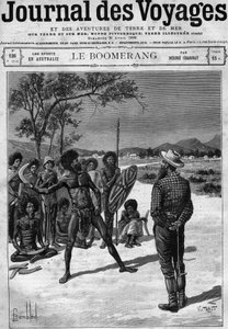 Aborigines i Australien ved hjælp af en boomerang, slutningen af det 19. århundrede. Indgravering i "" Journal des Voyages"" af 30. april af French School