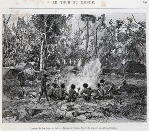 Aboriginer under opsyn af en nybygger, rundt om bålet - i "Tour du Monde"" af French School