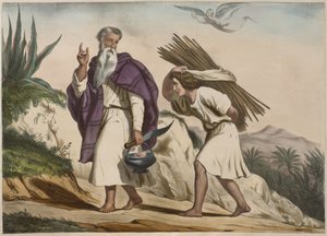 Abraham tog Isak til Moria-bjerget, illustration fra en katekismus LHistoire Sainte, udgivet af Charles Delagrave, Paris af French School