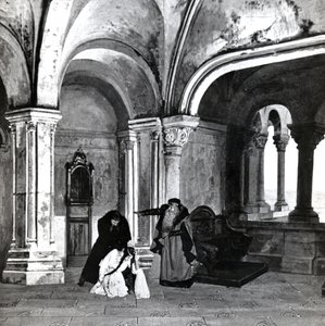 Akt IV, Scene 2 af Pelleas et Melisande af Debussy, fra et fotografi af den første produktion i april 1902 af operaen på Opera-Comique i Paris, illustration i Theatre magazine, juni 1902 (l af French School