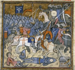 Tilføje. 15269, f.124v Crusaders, der kæmper mod Saracens, illustration fra 