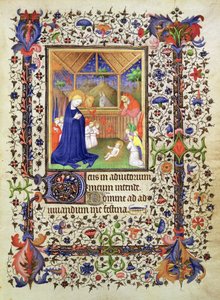 Tilføj 16997 f.57 Nativity, fra Chevalier Hourse, c.1420 (vellum) af French School