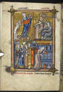 Tilføje. 54180, f. 136v, Miniature med engle i pilgrimsdragt, fra 