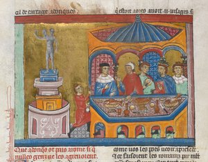 Tilføje. MS 15268, fol. 242v Janus-templet med senatorer, der spiste i forgrunden, fra 