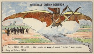 Ader laver en vellykket flyvning i sin flyvemaskine Avion, Camp de Satory, Frankrig af French School