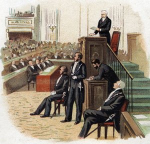 Adolphe Thiers (1797-1877), republikkens præsident ved talerstolen i nationalforsamlingen i 1872 - Chromolithography (Chromo) fra begyndelsen af det 20. århundrede. af French School