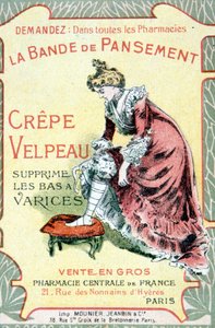 Reklamekort med "" Velpeau Crepe Dressing Band fjerner varicose strømper"". Sd. 19. århundrede. af French School