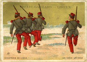 Annoncekromolitografi af Grevel-Gaillard, Lisieux, online infanteri, en to, en to (kromolitografi) af French School