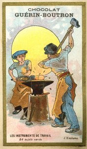 Reklamekromolitografi af chokolade Guerin Boutron, arbejdsinstrumenter, 84 forskellige emner, ambolten af French School