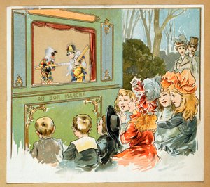 Reklame for stormagasinet "Le Bon marche", der forestiller en gruppe børn, som ser en forestilling med kusser, 20. århundrede (litografi) af French School