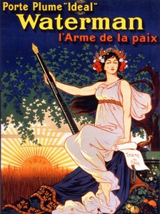 Reklameplakat for "Ideal Waterman Fountain Holder, the Weapon of Peace"" (en kvinde med fredstraktaten og en Waterman Feather"). Litografi 1919. af French School