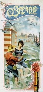 Annoncering for at komme til Oostende (Belgien) fra Paris: Oostende: 5 timer fra Paris, ca. 1900 (kromolitografi) af French School