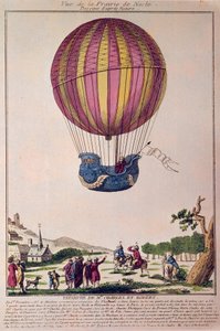 Aerostat: det andet forsøg på at flyve på en ballon. Charles og Robert stiger ned på Prairie de Nesle, nær Paris, efter en tur i en brintgasballon den 1.12.1783. Kobberstik fra det 18. århundrede. af French School