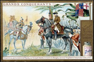Efter Plasseys sejr over Surajah Dowlah (Suraj Ud-daula eller Ud Daula Ud Daulah eller Ud-Daulah), gav mesteren af Bengal England Indiens imperium i 1757. 1800-tallets liebig kromolitografi. af French School