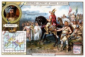 Alaric 1er, vestgoternes konge, præsenterer sig for tredje gang før Rom i 410 og kræver byens overgivelse - Liébig reklamevignet af French School