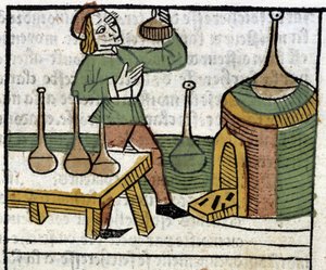 Alchemist - i "The Owners of Things Both Corporale and Spiritual" (bog XVIII) af Glanville, Lyon af French School