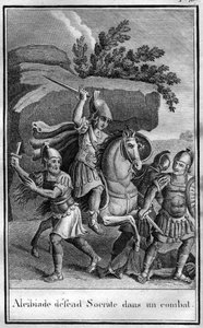 Alcibiades (450-404 f.Kr.), athensk statsmand og strategi forsvarer Sokrates i en kamp. I "" Oldtidens histories skønheder eller mindeværdige fakta og ordsprog fra store mænd"" af French School