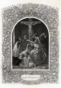 Alexander VII (Alexander eller Alessandro) (pave 1655 til 1667) ved Kristi fod. Gravering til illustration af Histoire des popes af Maurice Lachatre (1814-1900), librairie du progres, Paris. af French School