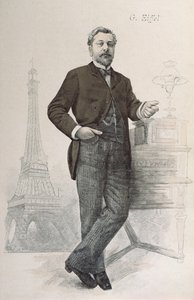 Alexandre Gustave Eiffel poserer ved sit skrivebord med en tegning af Tour Eiffel, illustration fra La Revue Illustree, 1888 af French School