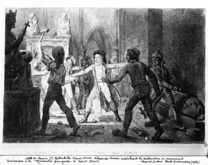 Alexandre Lenoir (1761-1839) modsætter sig ødelæggelsen af det franske monarkis kongegrave i Saint-Denis-kirken, 1793 (pen og blæk og vask på papir) af French School