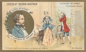 Alfred de Musset (1810-1857), fransk forfatter fra den romantiske periode, forfatter til "Chanson de Fortunio", poesi (1852) af French School
