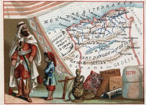 Algeriet i Afrika og provinsen Oran, Frankrig. Serie om de franske departementer. Import af figner, bomuld, tobak, agathe og bly. Chromolithography (Chromo) "" den geografiske tråd"", ca. 1920. Privat samling. af French School