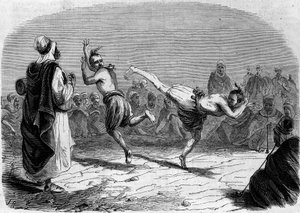 Algerisk skik: Arabisk dans. Tegning af Mr. Rigo, baseret på en skitse af Mr. Ameler, bataljonsleder. Indgravering i "" Le Monde Illustré"" nr. 86 af 11. december 1858. af French School
