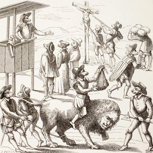 Allegorisk billede af udskejelser, der siges at være blevet begået af huguenotterne, fra 
