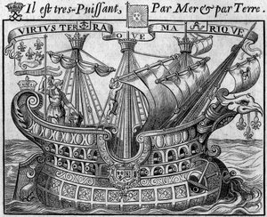 Allegori om fransk magt: "Statens skib", symbol på Frankrig, minder også om våben i byen Paris. Uddrag fra "Livre des monnoyes etrangeres ou le grand banker de France" (1687) af Francois Barreme (1638-1703), fransk matematiker. Eng af French School