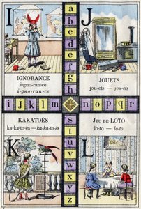 Alfabet og bogstav I J K og L, uvidenhed, legetøj, kakatoes og lottospil. ABC af de små piger. Epinal billeddannelse af French School