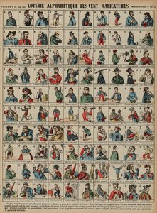 Alfabetisk lotteri på hundrede karikaturer (farvet indgravering) af French School