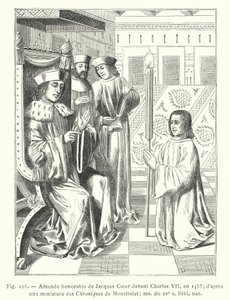 Ærede ændring af Jacques Coeur før Charles VII, i 1453; efter en miniature fra Chroniques de Monstrelet; ms fra det 15. århundrede, Bibl nat (gravering) af French School