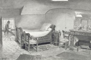 Et loftinteriør af en kunstner i Paris, ca. 1830 (pen & sepia blæk og sepia wc på papir) af French School