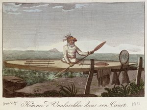 En indbygger på Unalaska Island i sin kano, 1811 af French School