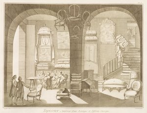 En møbelpolstrerbutik fra Encyclopedie des Sciences et Metiers af Denis Diderot (1713-84) udgivet ca. 1770 af French School