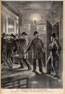 Anarkister i England. Politiet slår til mod Autonomy Club i London. Anarkister i England. Politiet i London Autonomist Club. Illustration til Le petit Journal, 5. marts 1894 af French School