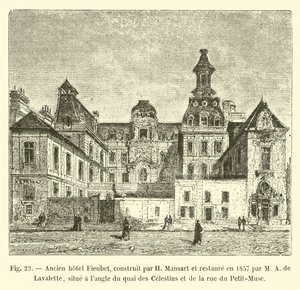 Tidligere Fieubet-hotel, bygget af H Mansart og restaureret i 1857 af M A de Lavalette, beliggende på hjørnet af Quai des Celestins og Rue du Petit-Musc af French School
