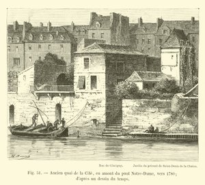 Tidligere quai de la Cite, opstrøms fra Notre-Dame-broen, omkring 1780; fra en tegning af tiden af French School