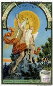Oldtidens guddommelighed holder et timeglas som et symbol på tiden, der går for at illustrere lørdag. Liebig kromolitografisk reklamekort. af French School