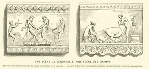 Gamle romerske basrelieffer, der viser en druehøst og en scene på markerne (gravering) af French School